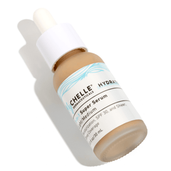 A bottle of MyCHELLE 3-in-1 Super Serum (light/medium tint version), featuring a dropper dispenser, against a white background.