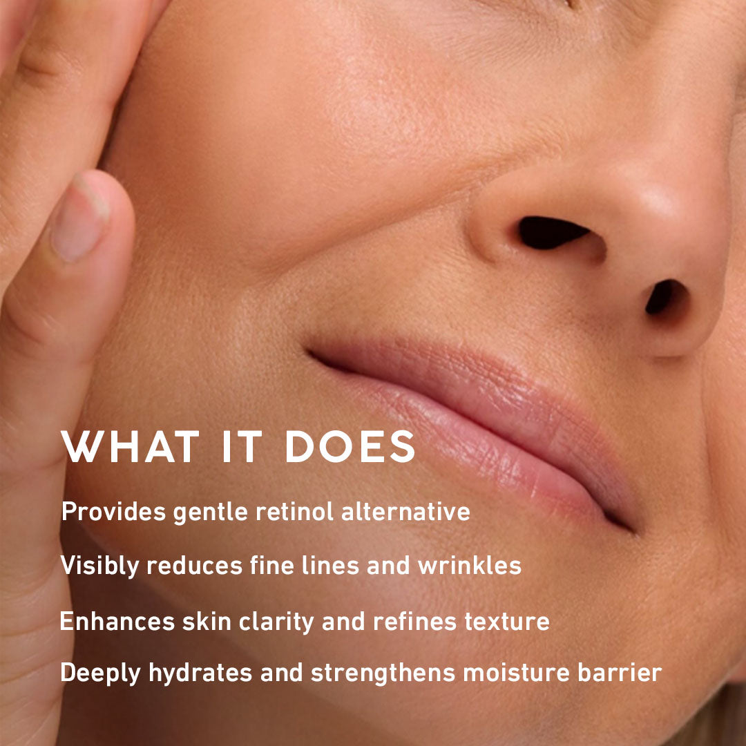 A woman's face with what MyChelle Bakuchiol Renewal Serum does for the skin.