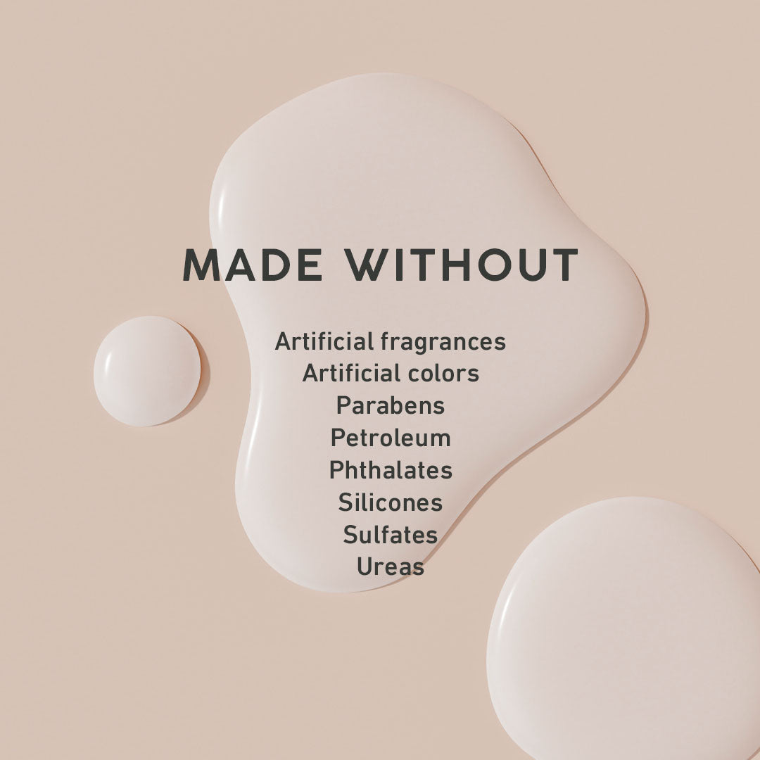 A splash of MyChelle Bakuchiol Renewal Serum on a tan background listing what this serum is "made without"