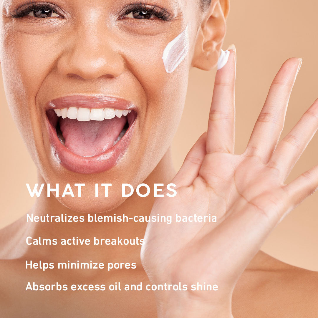 Woman applying cream to her face with text about product benefits on a beige background
