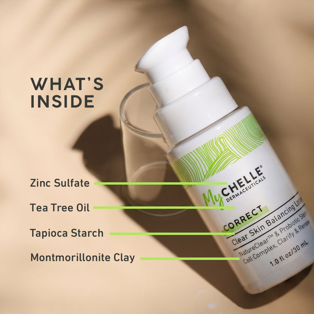 MyChelle skincare product with labeled ingredients on a beige background