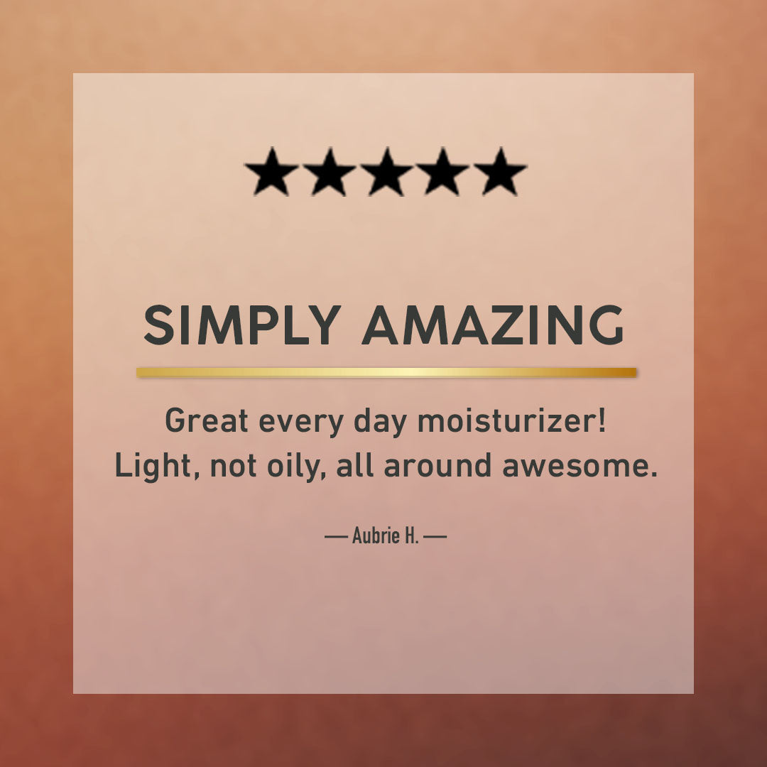 Five-star review for a moisturizer with a positive description on a brown background