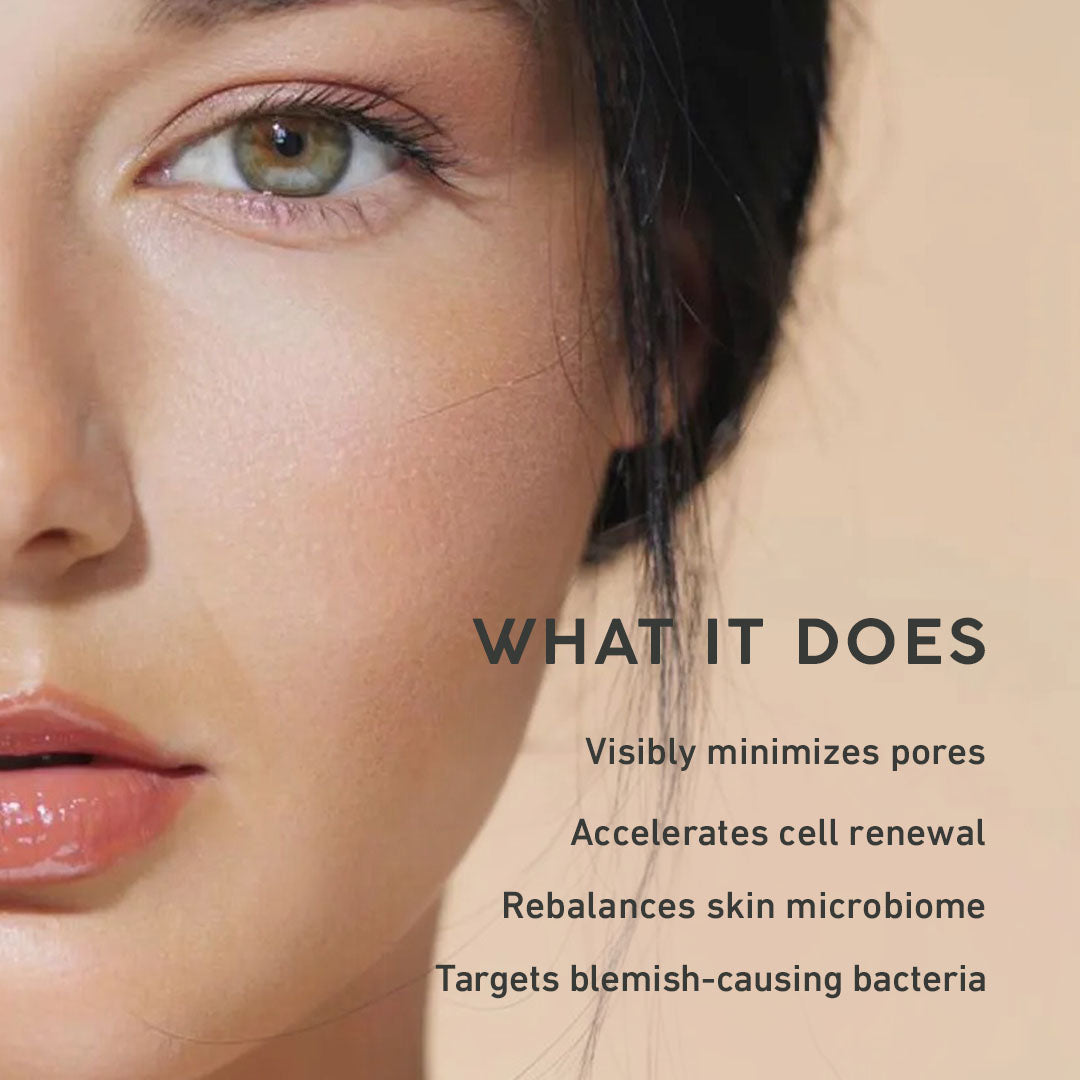 Close-up of a woman's face with text highlighting skincare benefits