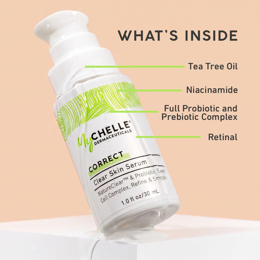 Chelley skincare serum bottle with labeled ingredients on a beige background