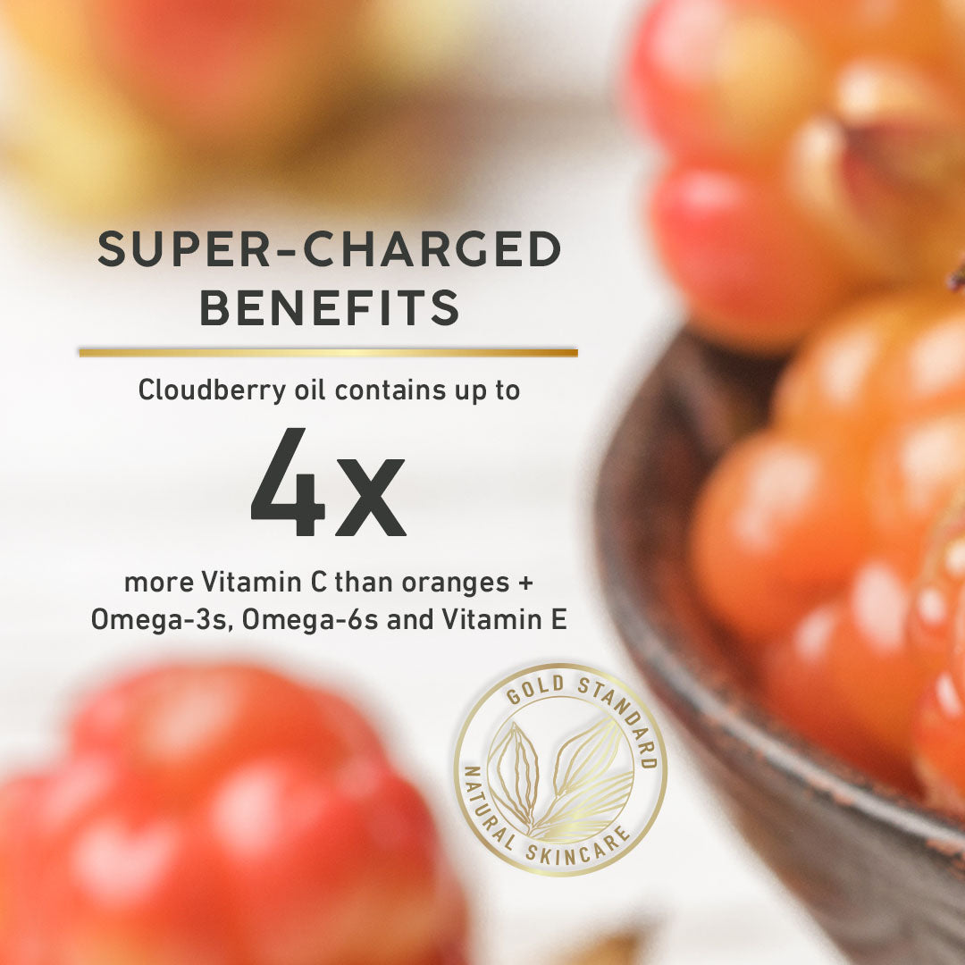 Cloudberries with text highlighting their skin care benefits and a Gold Standard Natural Skincare logo.