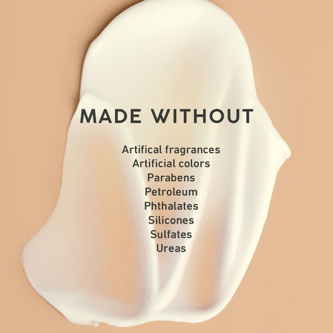 Product with 'MADE WITHOUT' text and list of ingredients on a beige background