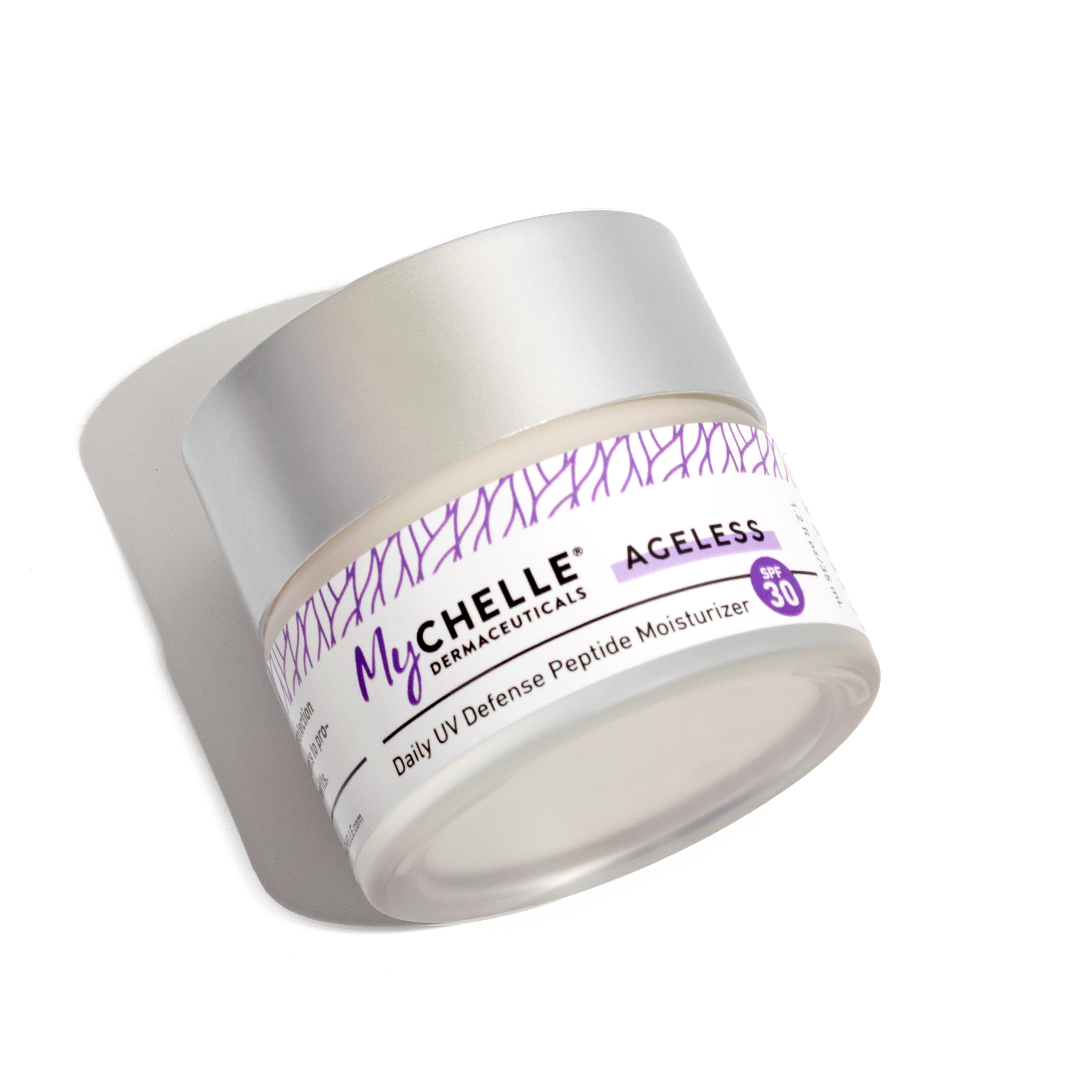 MyChelle Ageless Daily UV Defense Peptide Moisturizer jar on a white background