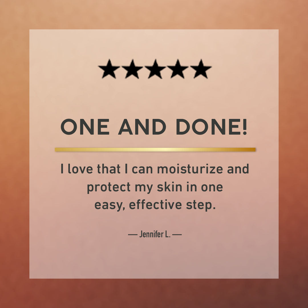 Product review with five stars and text on a brown background