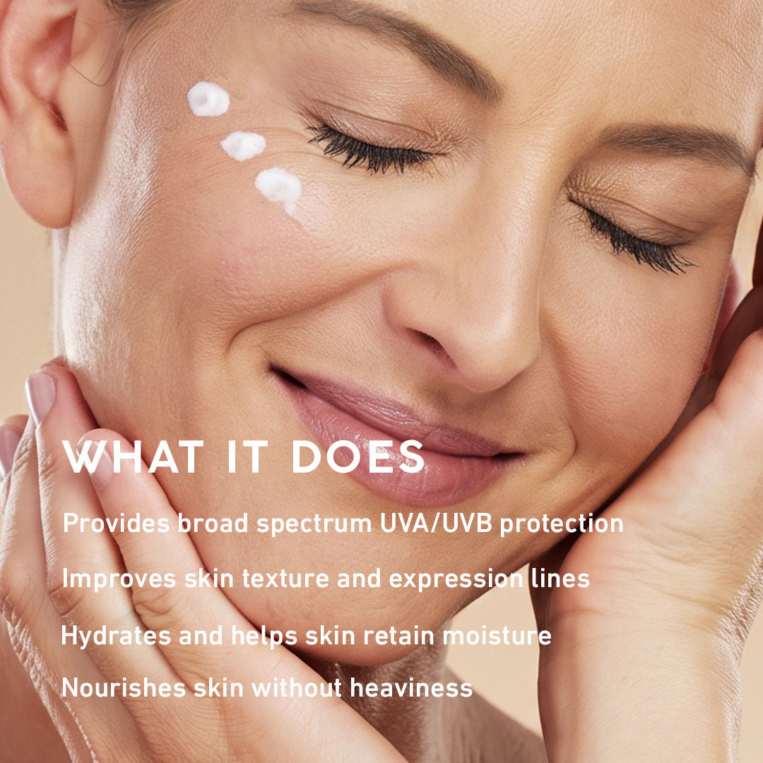 Woman applying cream to her face with text about skincare benefits