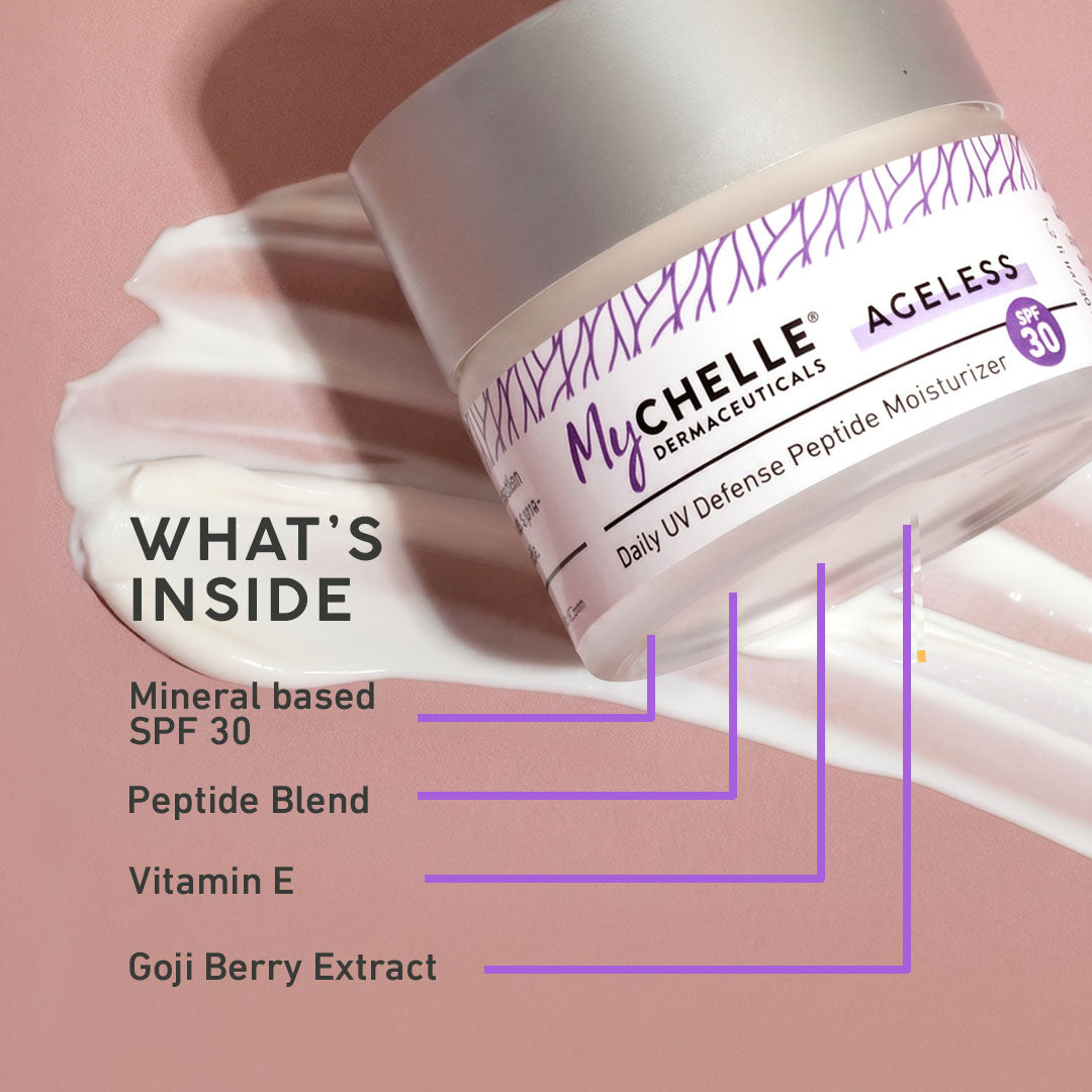 MyChelle Dermaceuticals Ageless moisturizer with ingredients listed on a pink background