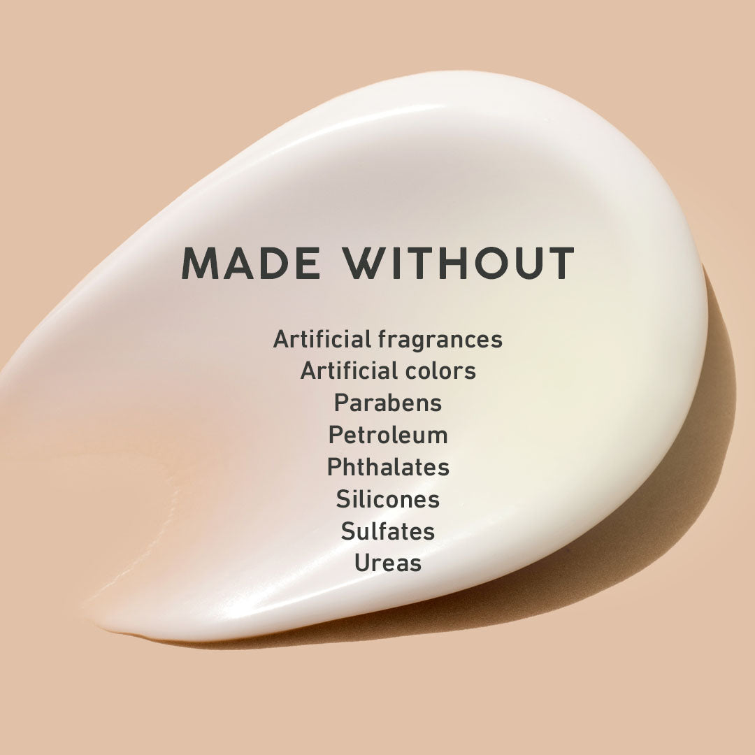 White cosmetic droplet with 'MADE WITHOUT' text on a beige background