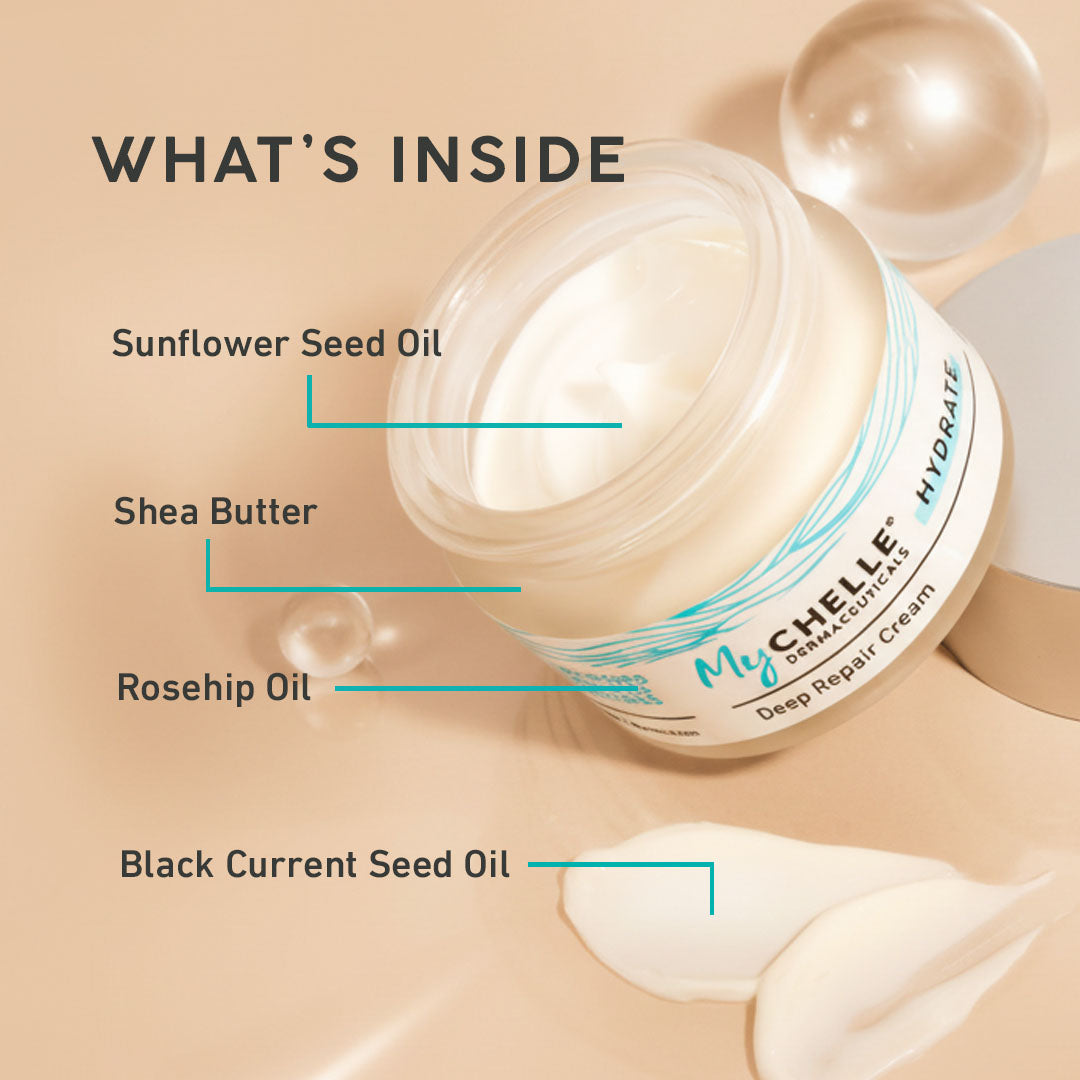 MyChelle Deep Repair Cream with labeled ingredients on a beige background
