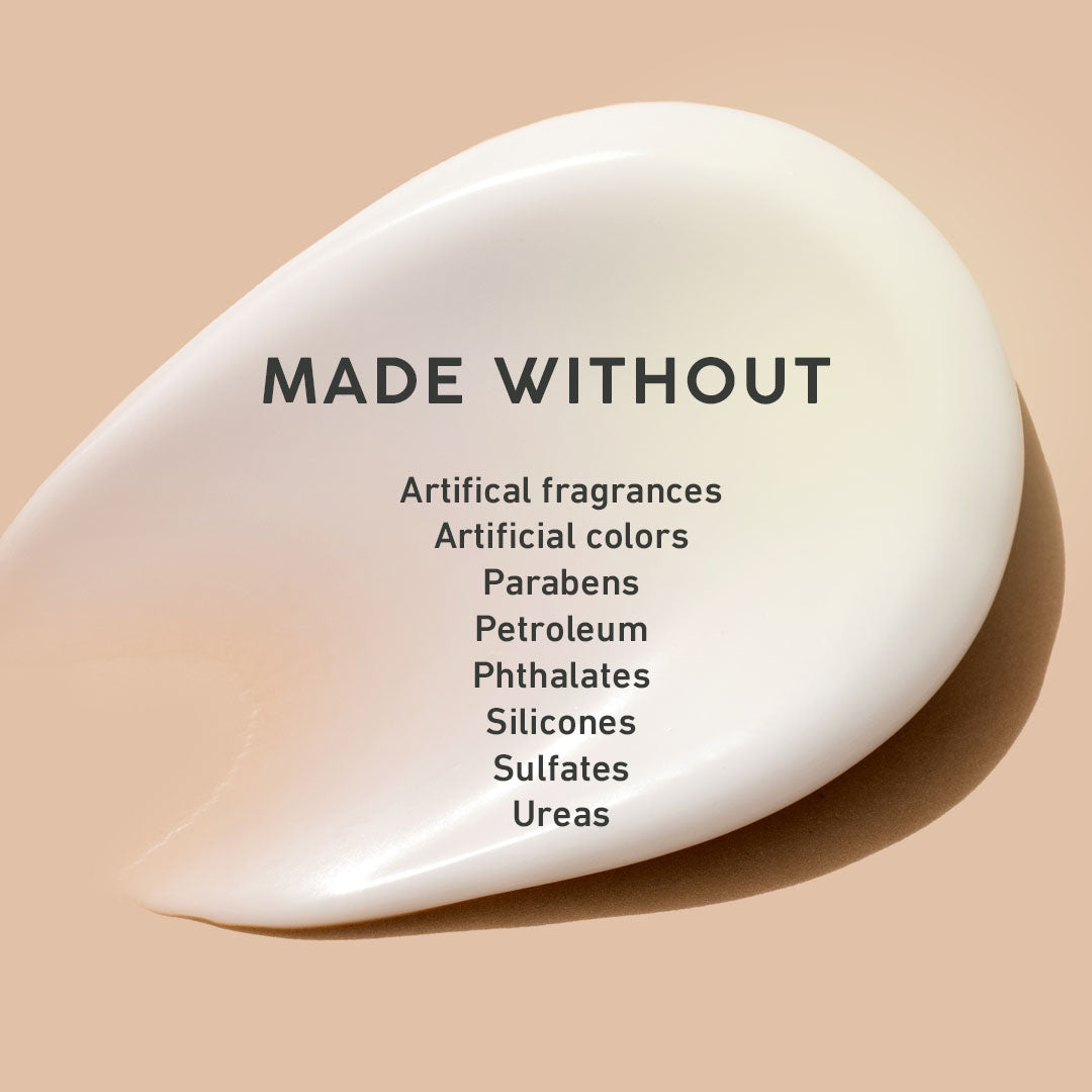 White droplet with text 'MADE WITHOUT' and a list of ingredients on a beige background