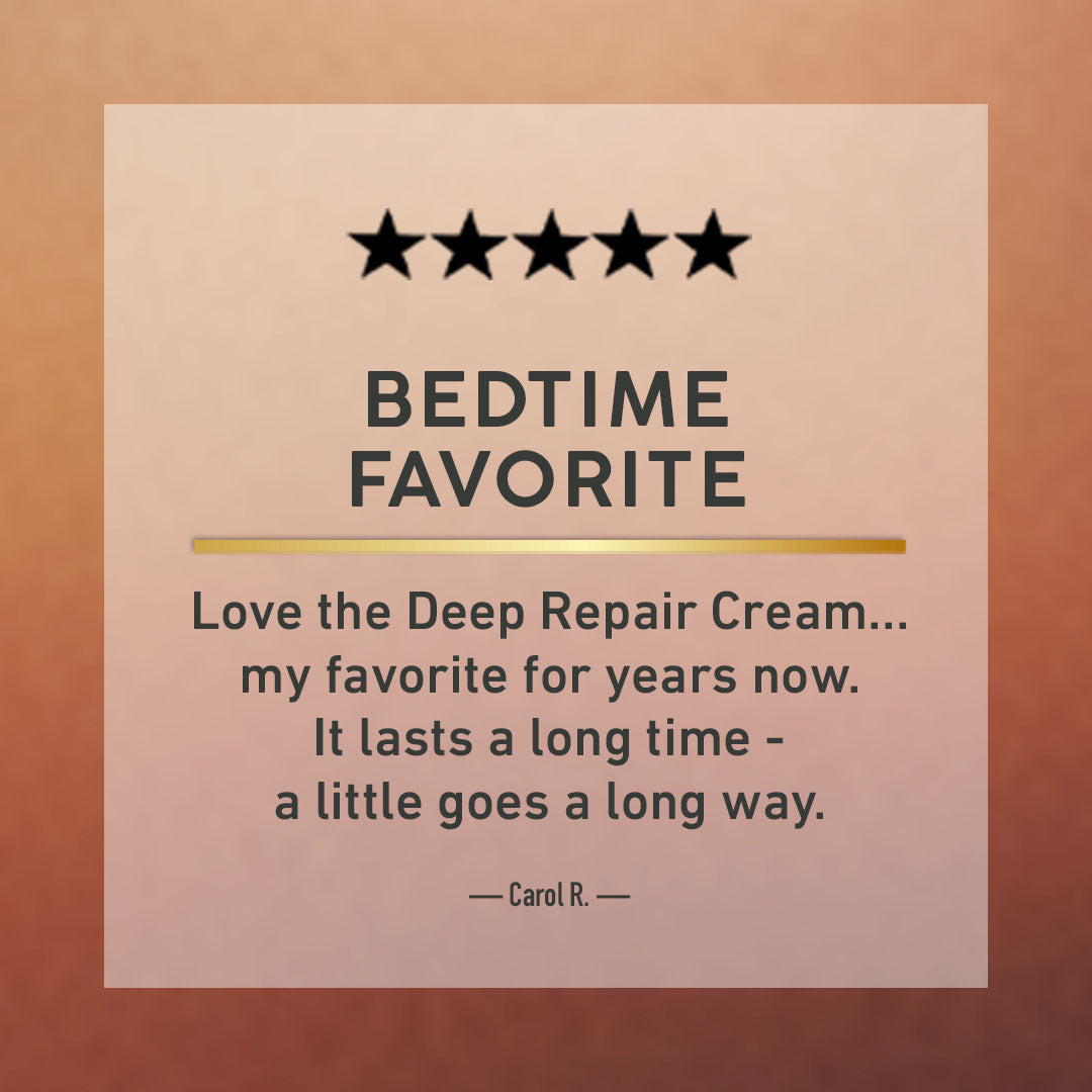Product review card for 'Bedtime Favorite' with five stars and a quote from Carol R.