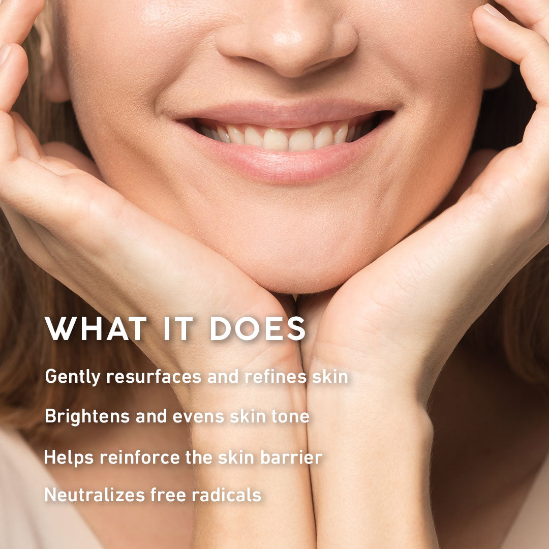 Close-up of a smiling woman's lower face and hands with text overlay reading 'WHAT IT DOES' followed by skincare benefits in white lettering.