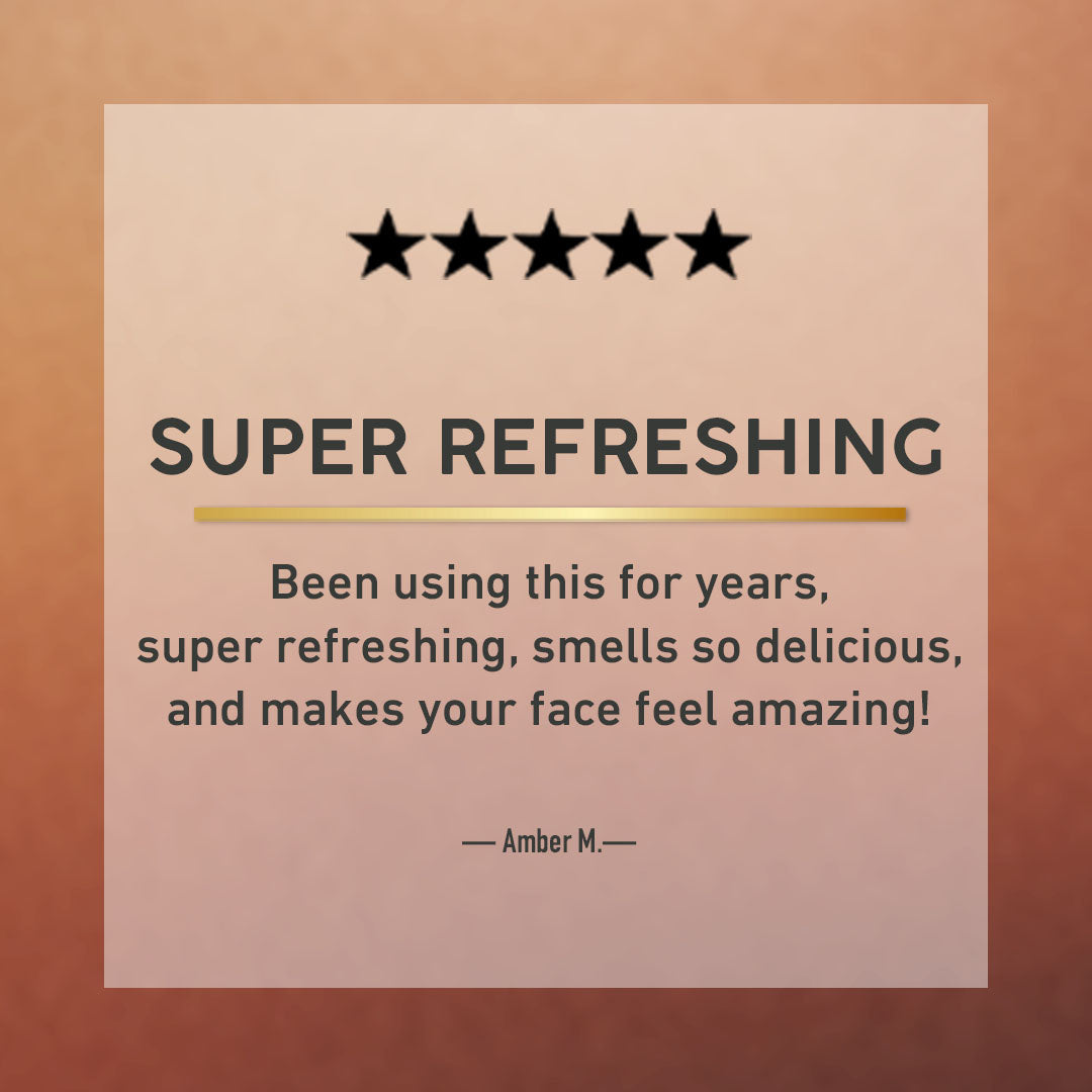 A square promotional graphic with a peach-to-pink gradient card centered on a warm brown gradient background. The card contains five black stars, the text 'SUPER REFRESHING' with a gold underline, a review quote, and the name 'Amber M.