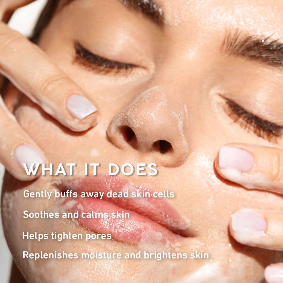 Close-up of a person's face with hands applying or smoothing a skincare cream, overlaid with the text 'WHAT IT DOES' and five bullet points about soothing skin, tightening pores, and replenishing moisture.
