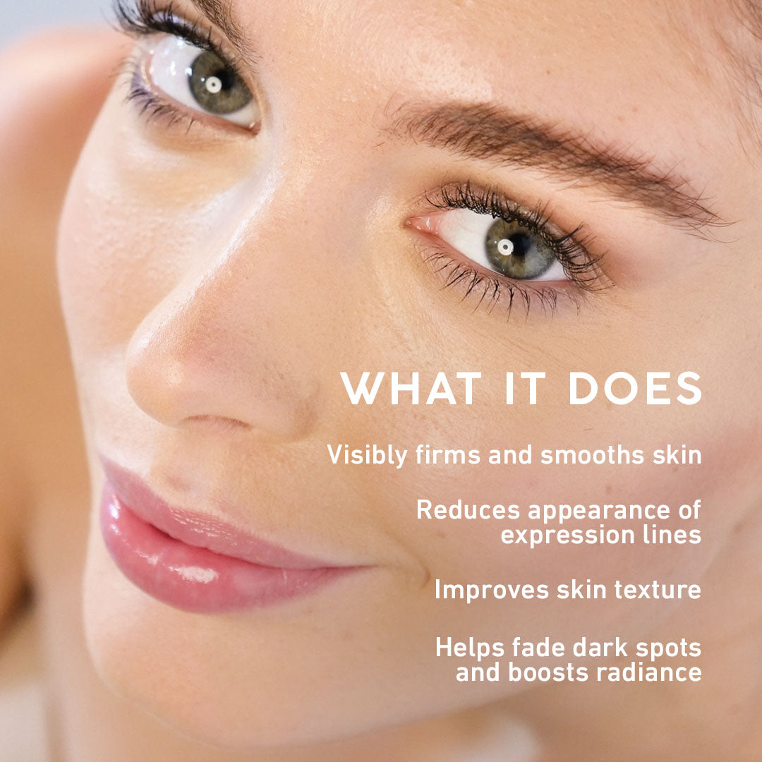 Close-up of a woman's face with text highlighting skincare benefits