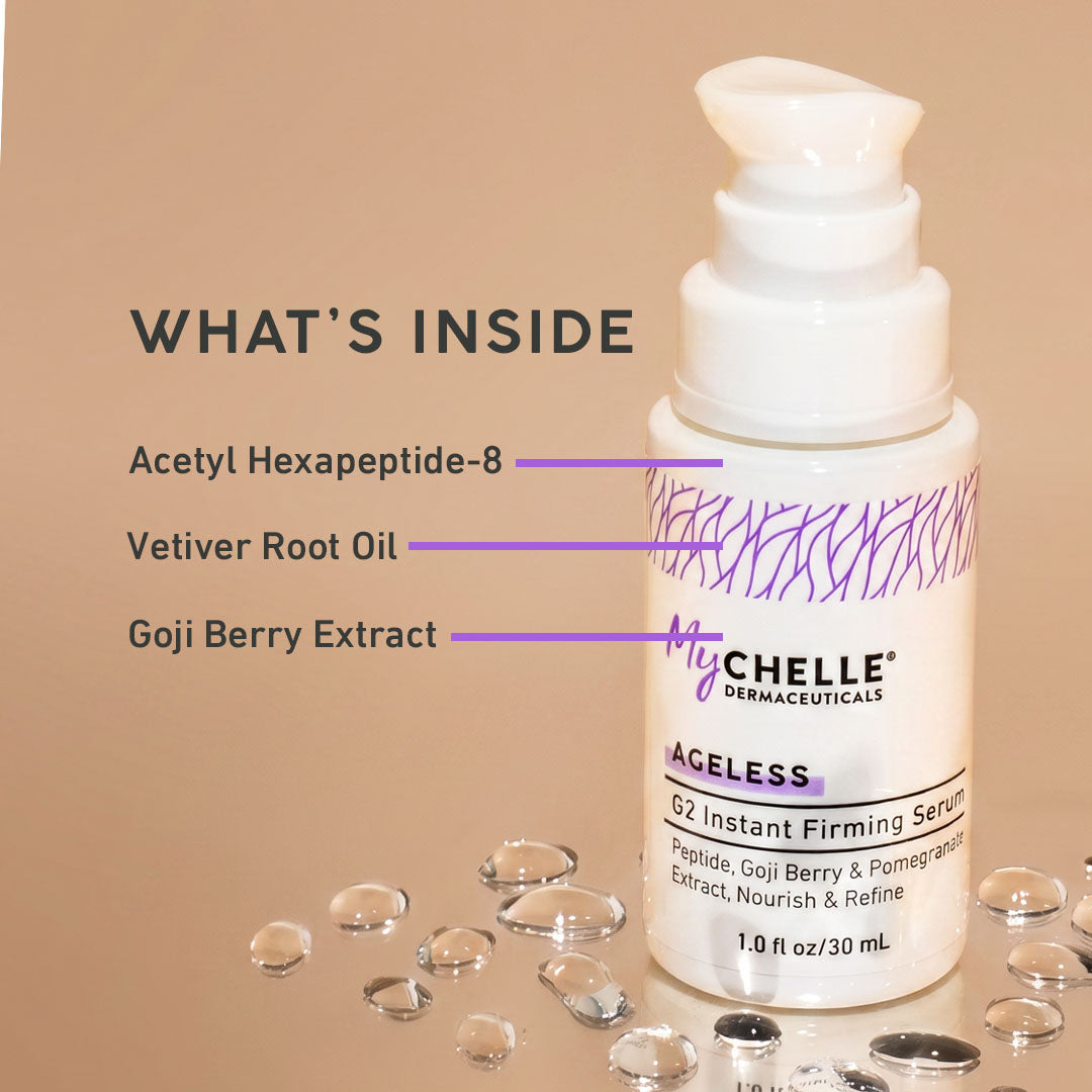 MyChelle G2 Instant Firming Serum with labeled ingredients on a beige background