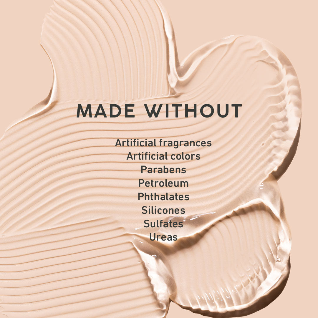Cosmetic product with 'Made Without' text and listed ingredients on a beige background