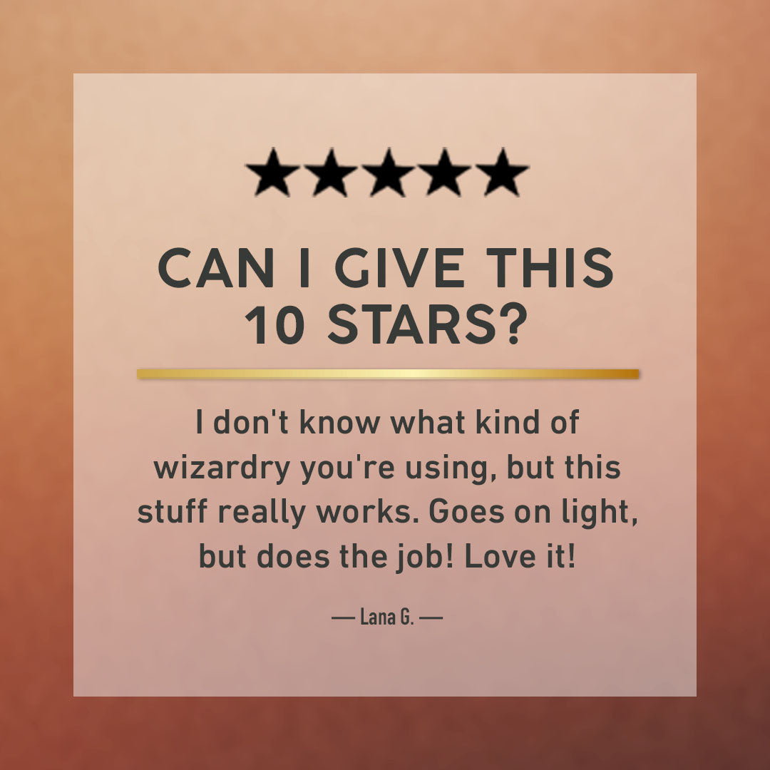 Five-star rating with a review text on a brown background