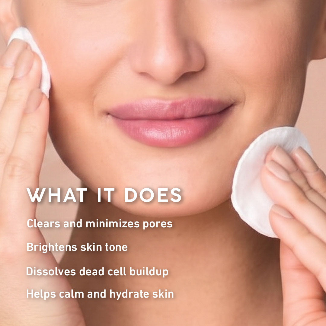 Close-up of a woman's lower face with cotton pads on her cheeks and hands holding them, with text reading 'WHAT IT DOES' and skincare benefits below.