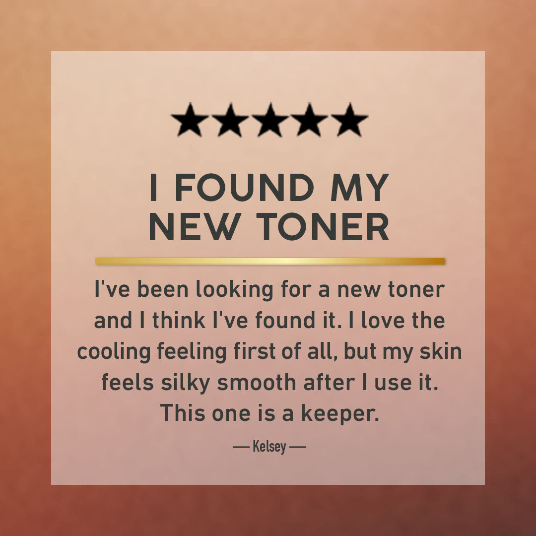 A square quote card with a warm beige center and peach-brown gradient background. The card reads: 'I FOUND MY NEW TONER' with five black stars above, a gold horizontal line, and a review by Kelsey about a cooling, silky-toned toner.