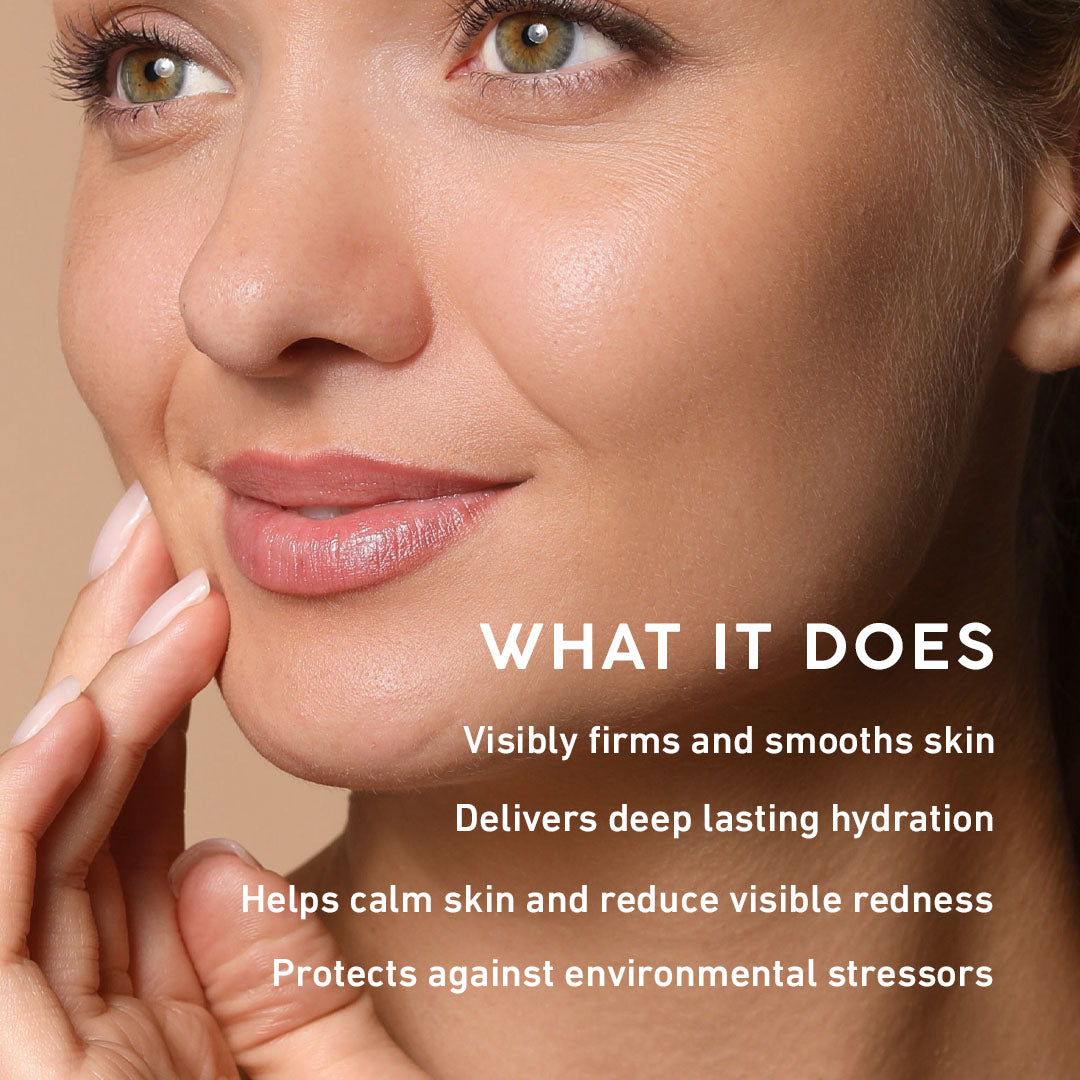 Woman's face with Hyaluronic Acid instant firming gel benefits listed.