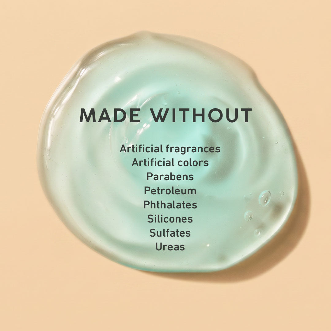 Blue gel with Made Without list on a tan background.