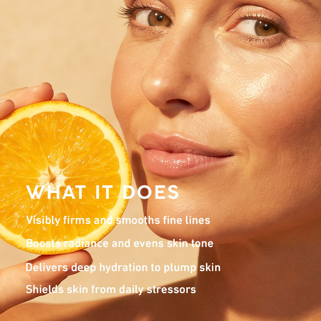 Woman holding an orange with text about skincare benefits on a beige background