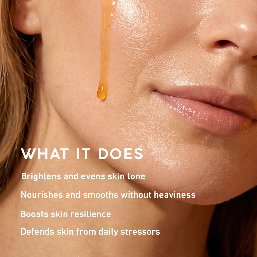 Close-up of a woman's face with a droplet of skincare product, text describing product benefits.