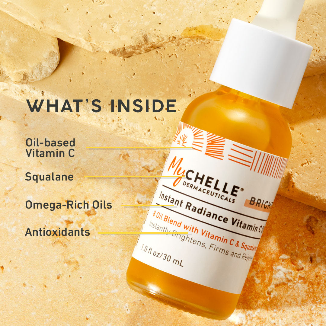 MyChelle skincare product with labeled ingredients on a textured beige background