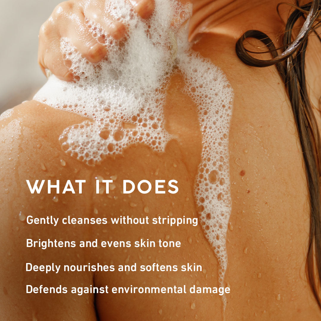 Person with soap suds on skin and text about skincare benefits