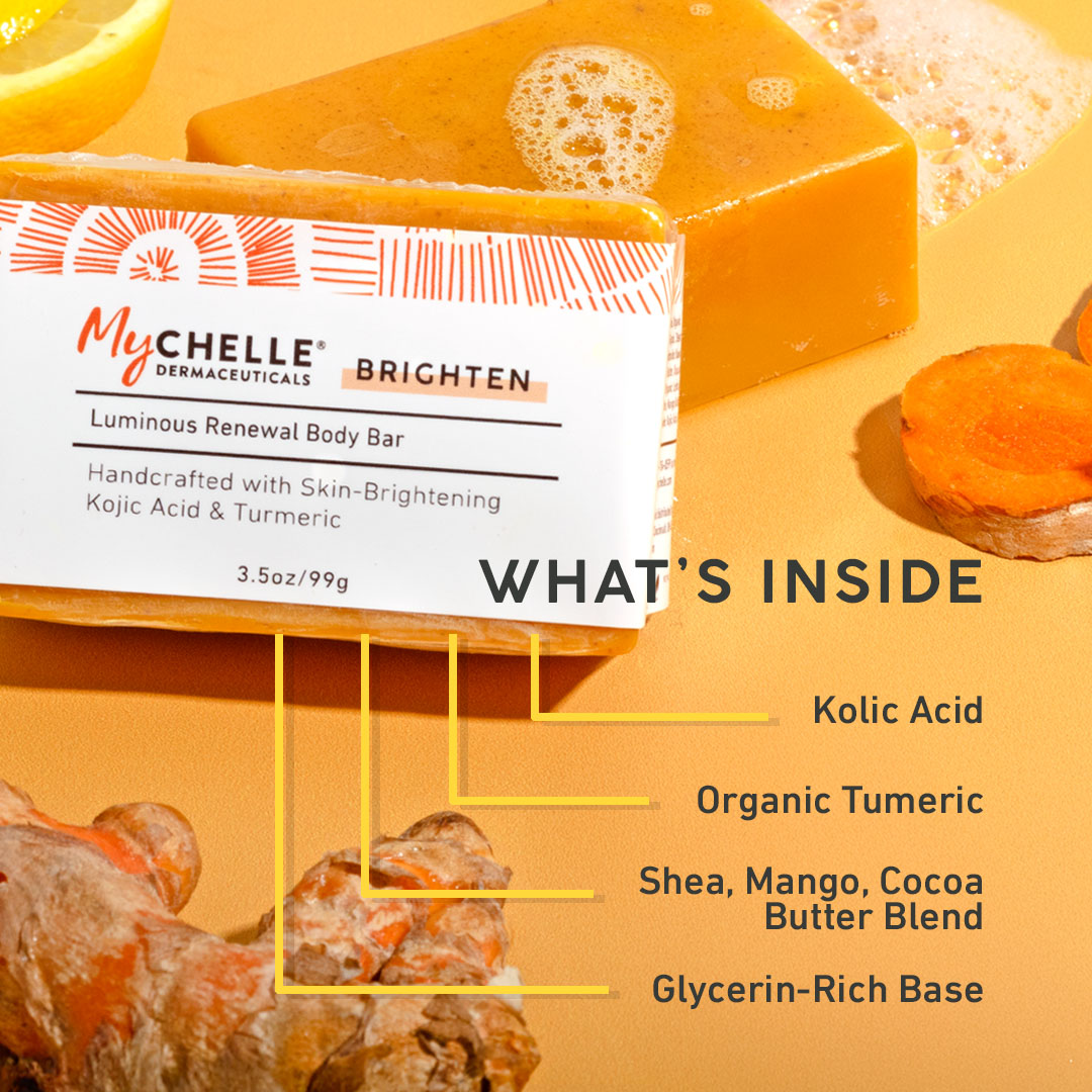 MyChelle Dermaceuticals Luminous Renewal Body Bar with ingredients listed on an orange background