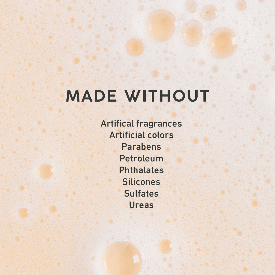 Product label with 'Made Without' text on a beige background with bubbles.