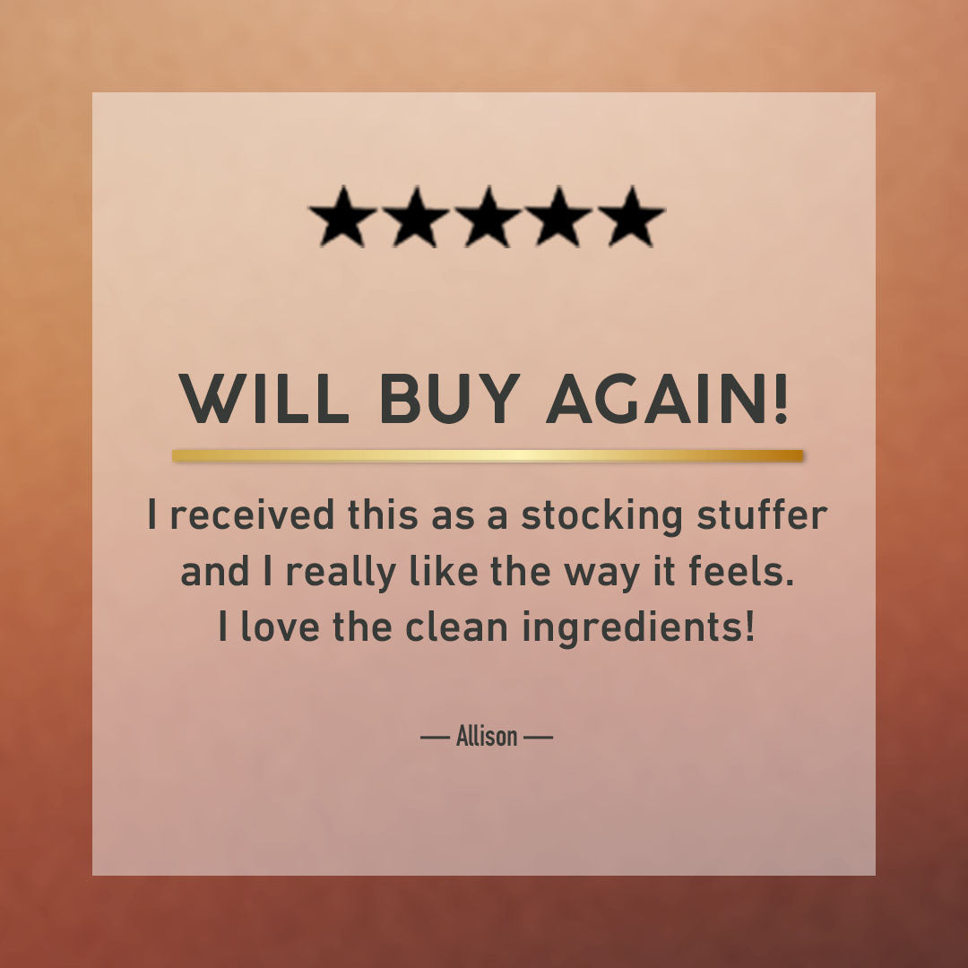 Five-star review with text on a brown background