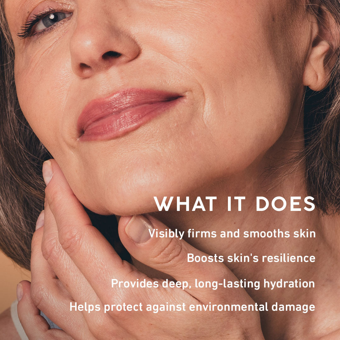 Close-up of a woman's face with text about skincare benefits