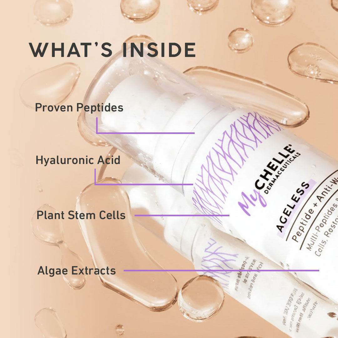 MyChelle skincare Peptide + Serum with labeled ingredients on a beige background