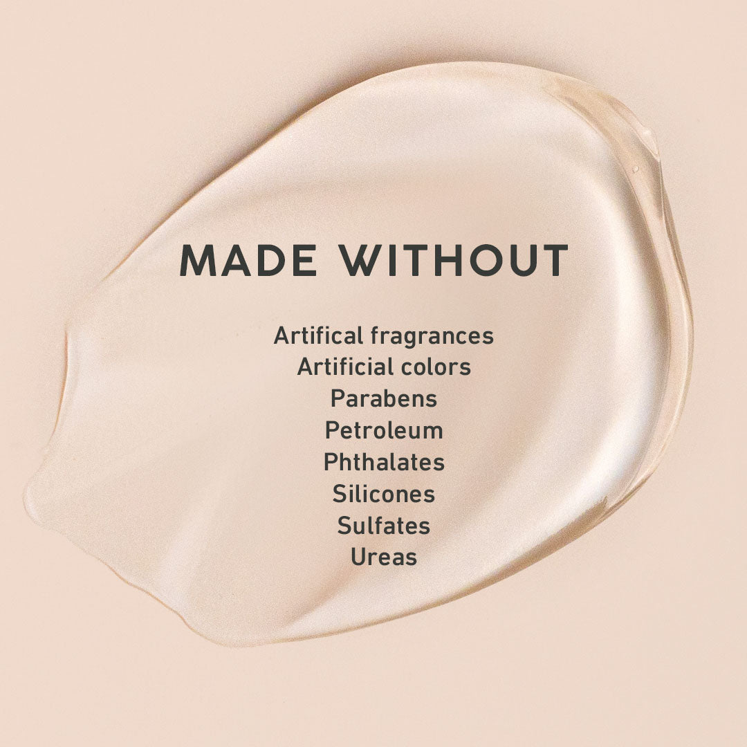 Skincare product with 'Made Without' text on a beige background