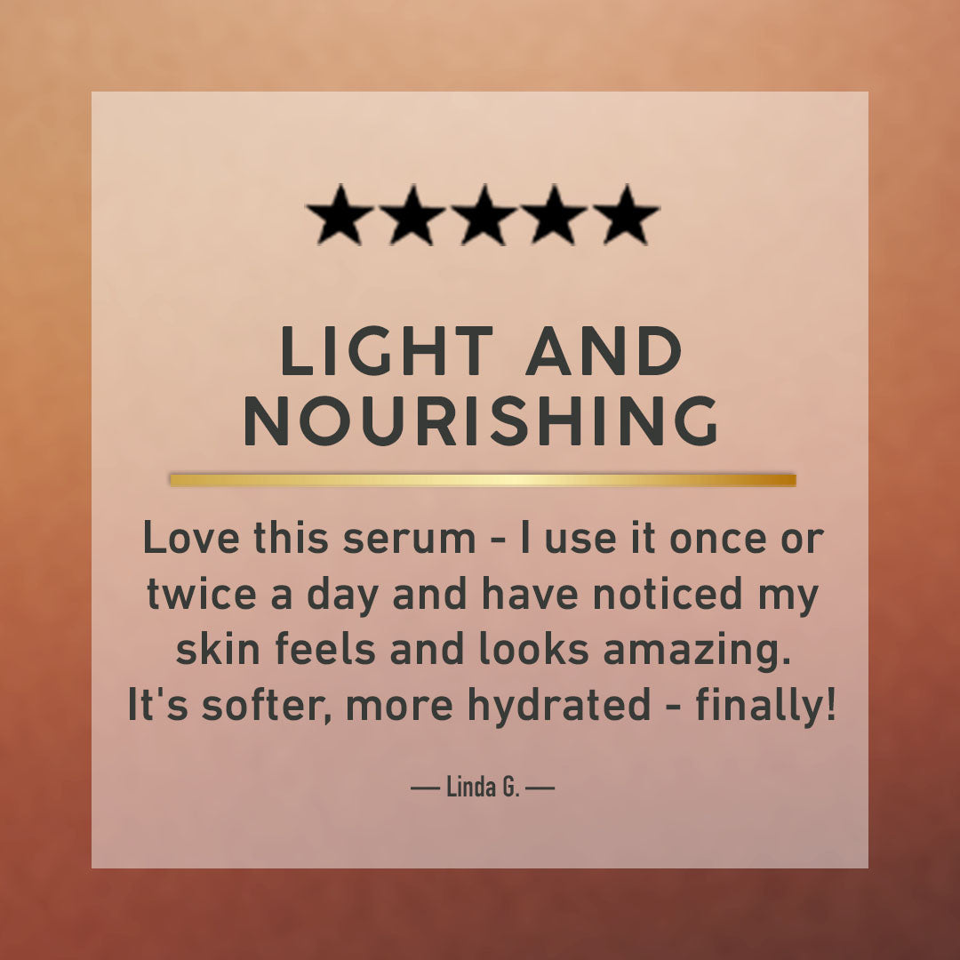 Product review card with five stars, text about a serum, and a signature on a brown background