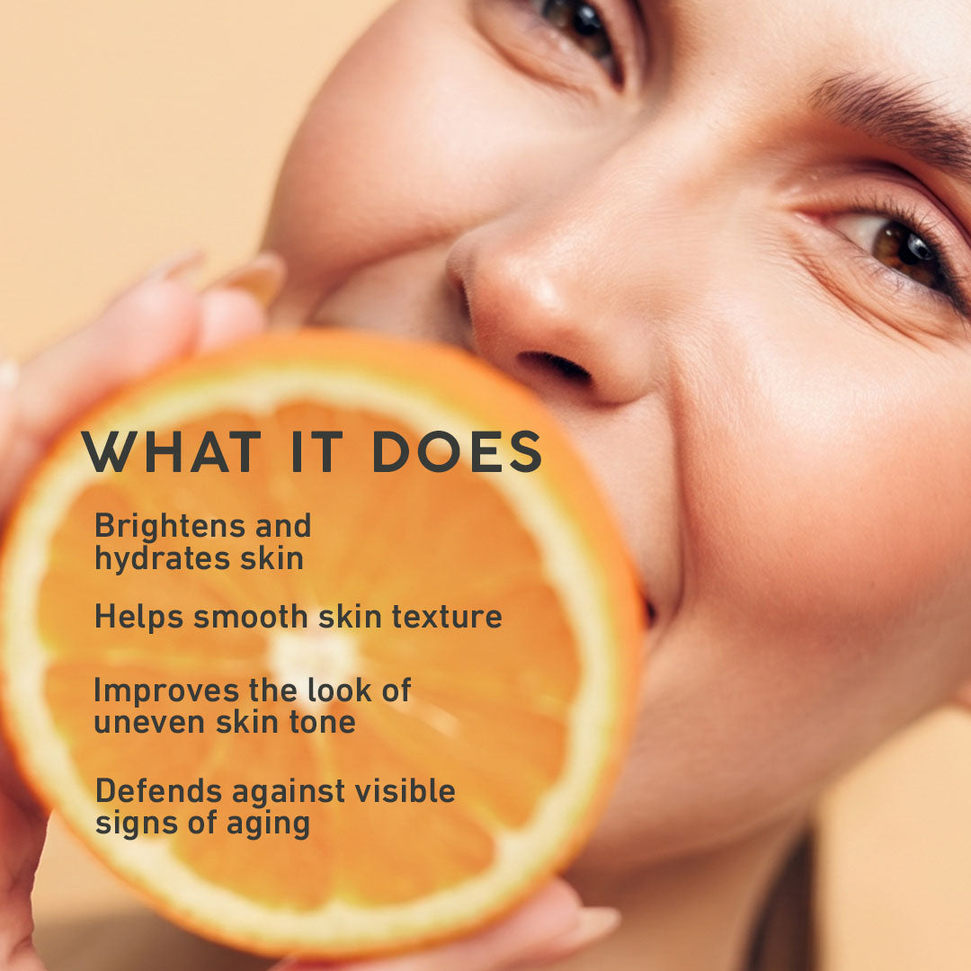 Person holding an orange with text about Vitamin C Serum skincare benefits on a beige background