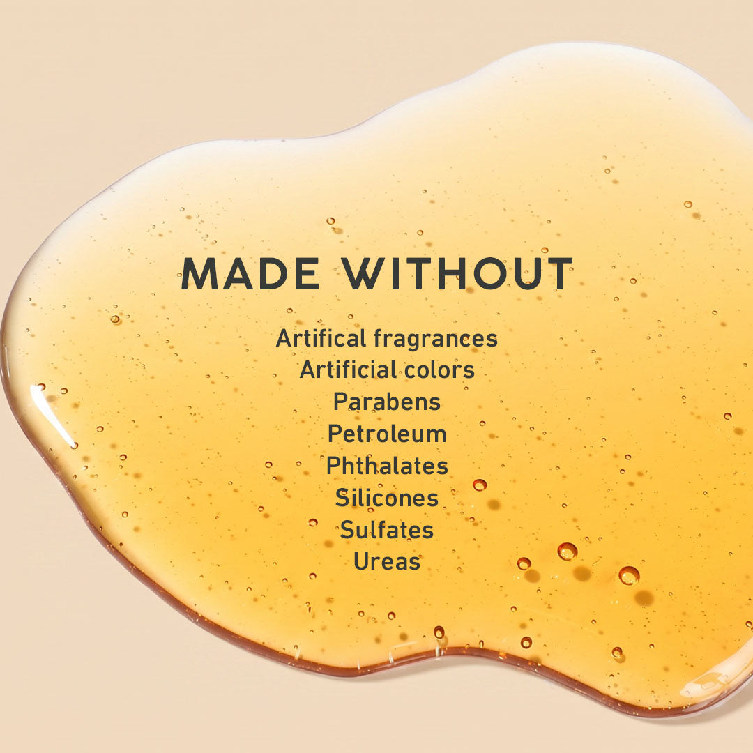 Yellow gel product with a list of ingredients it's 'made without' on a beige background