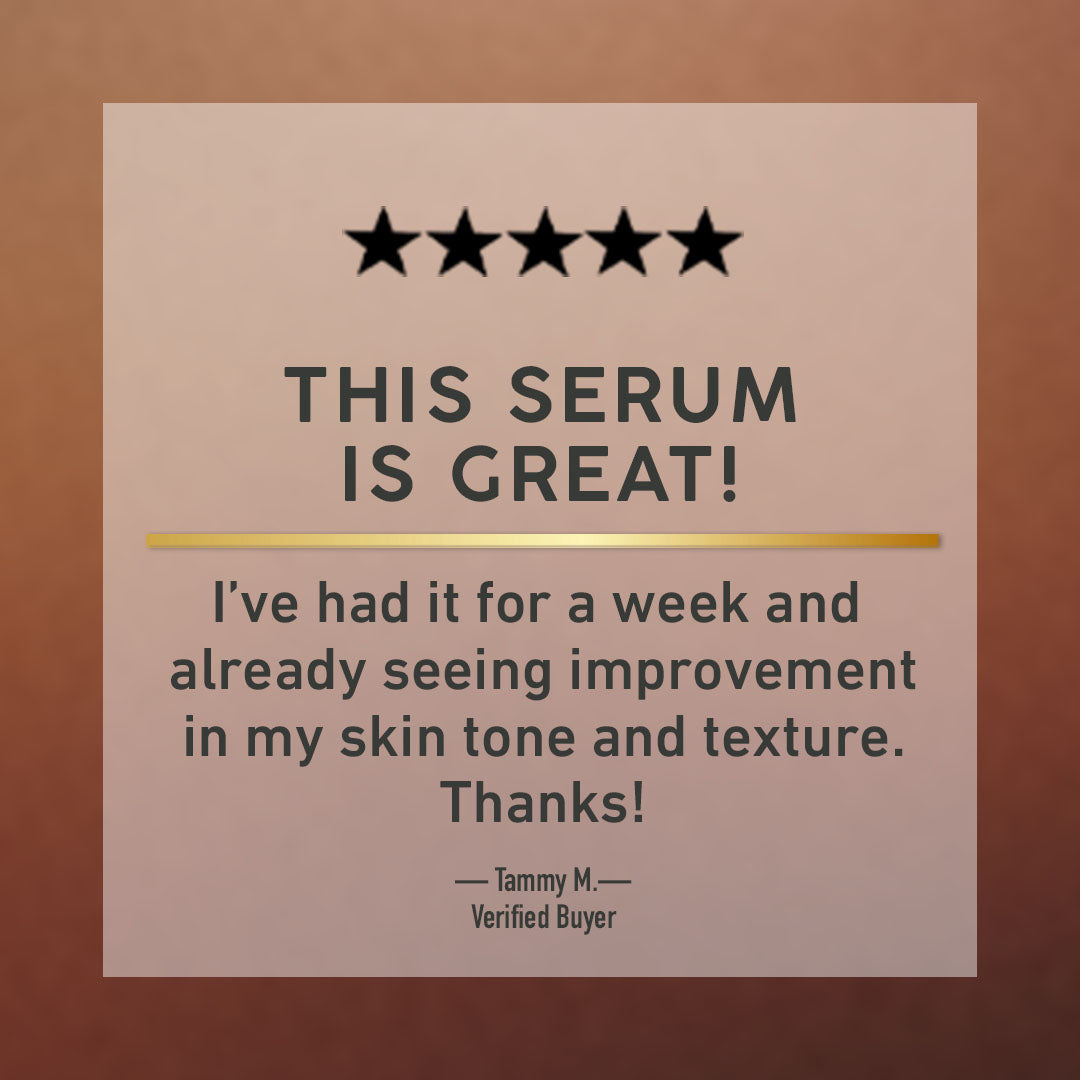 Product review card with five stars, text praising serum's effectiveness, and a signature.