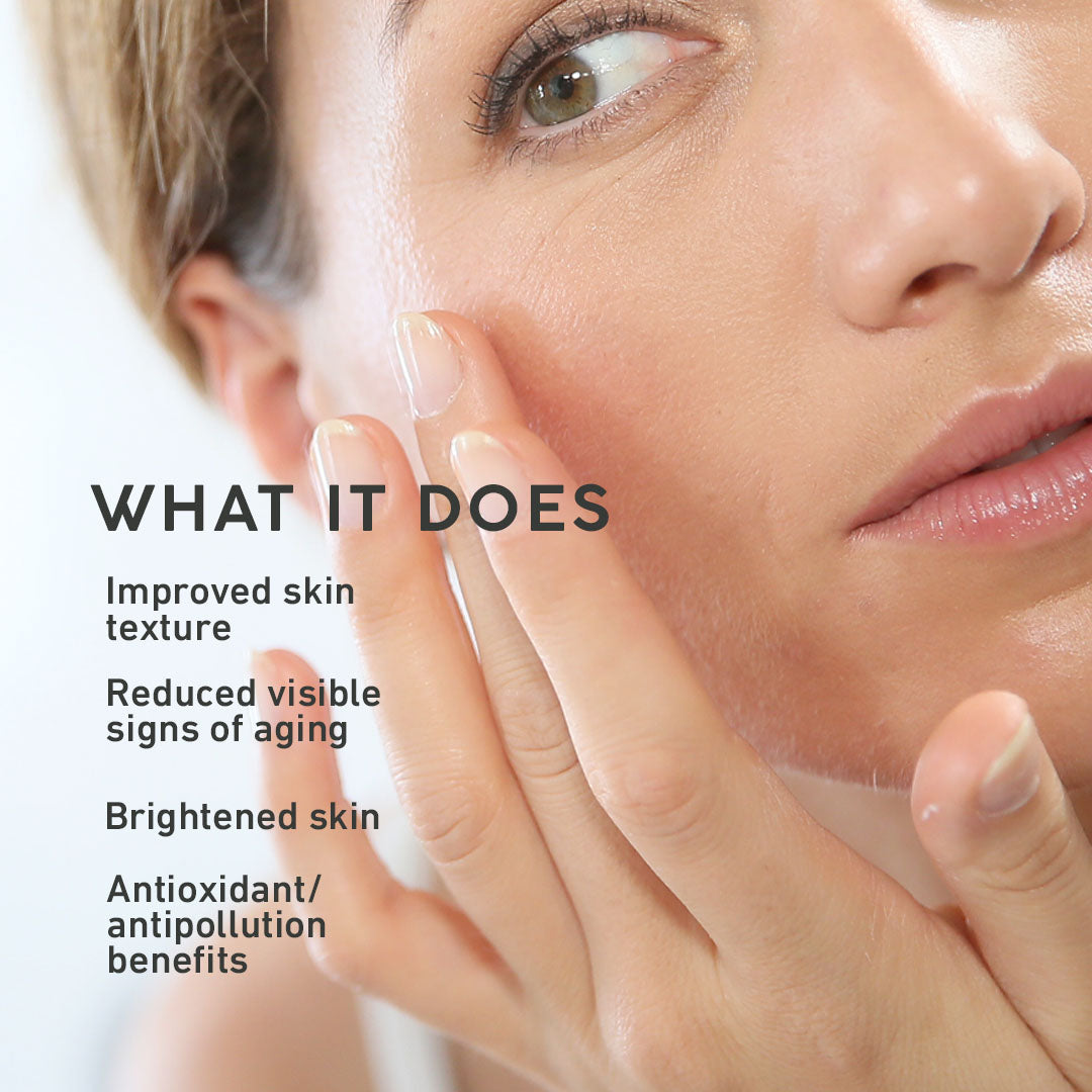 Woman touching her face with text about MyCHELLE Perfect C Serum skincare benefits