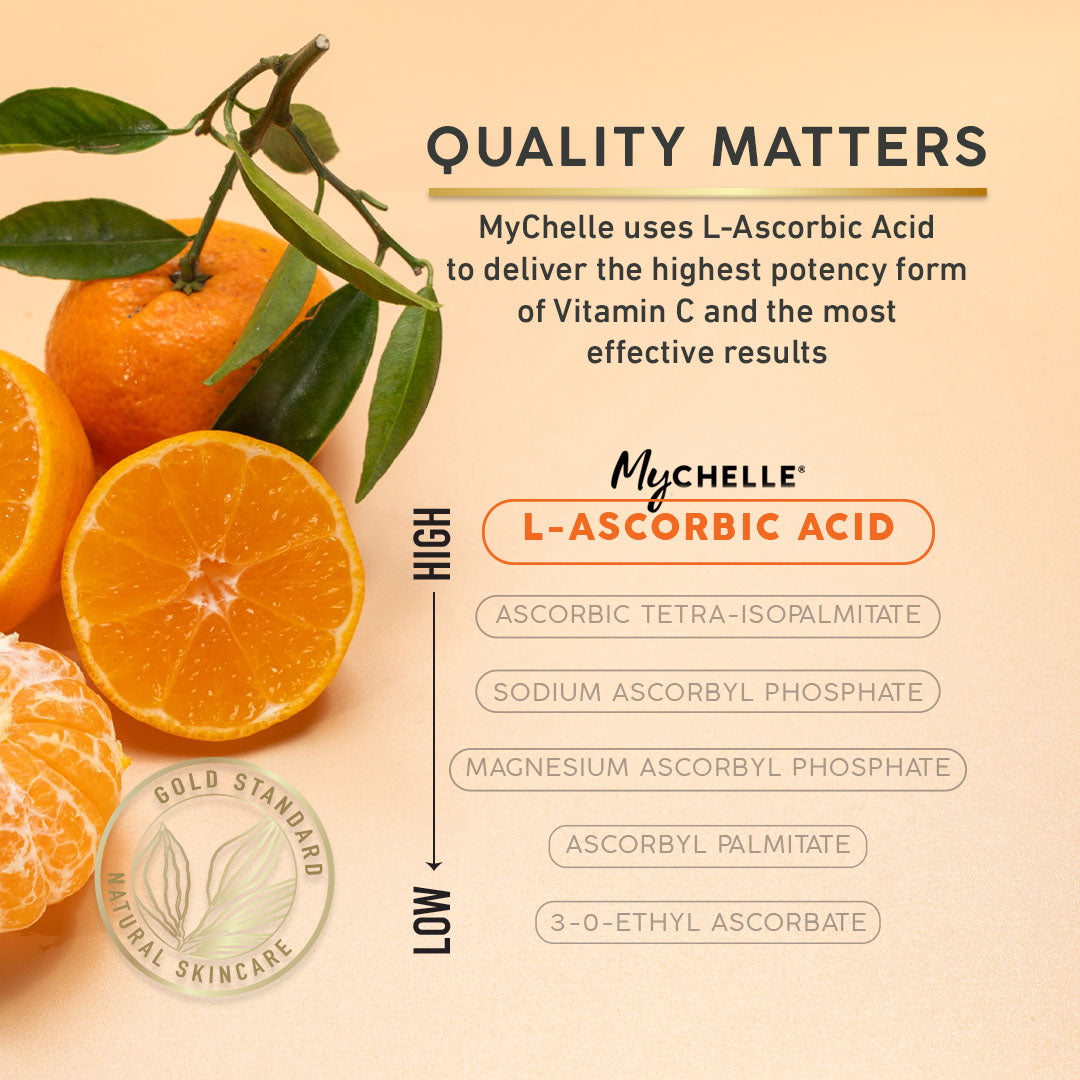 MyChelle skincare product with oranges and text about L-Ascorbic Acid on a beige background