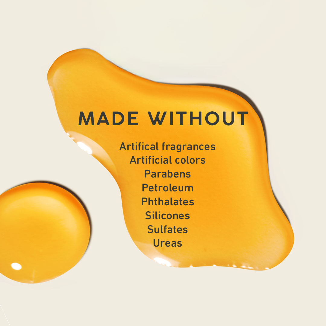 Orange product with 'MADE WITHOUT' text and listed ingredients on a beige background
