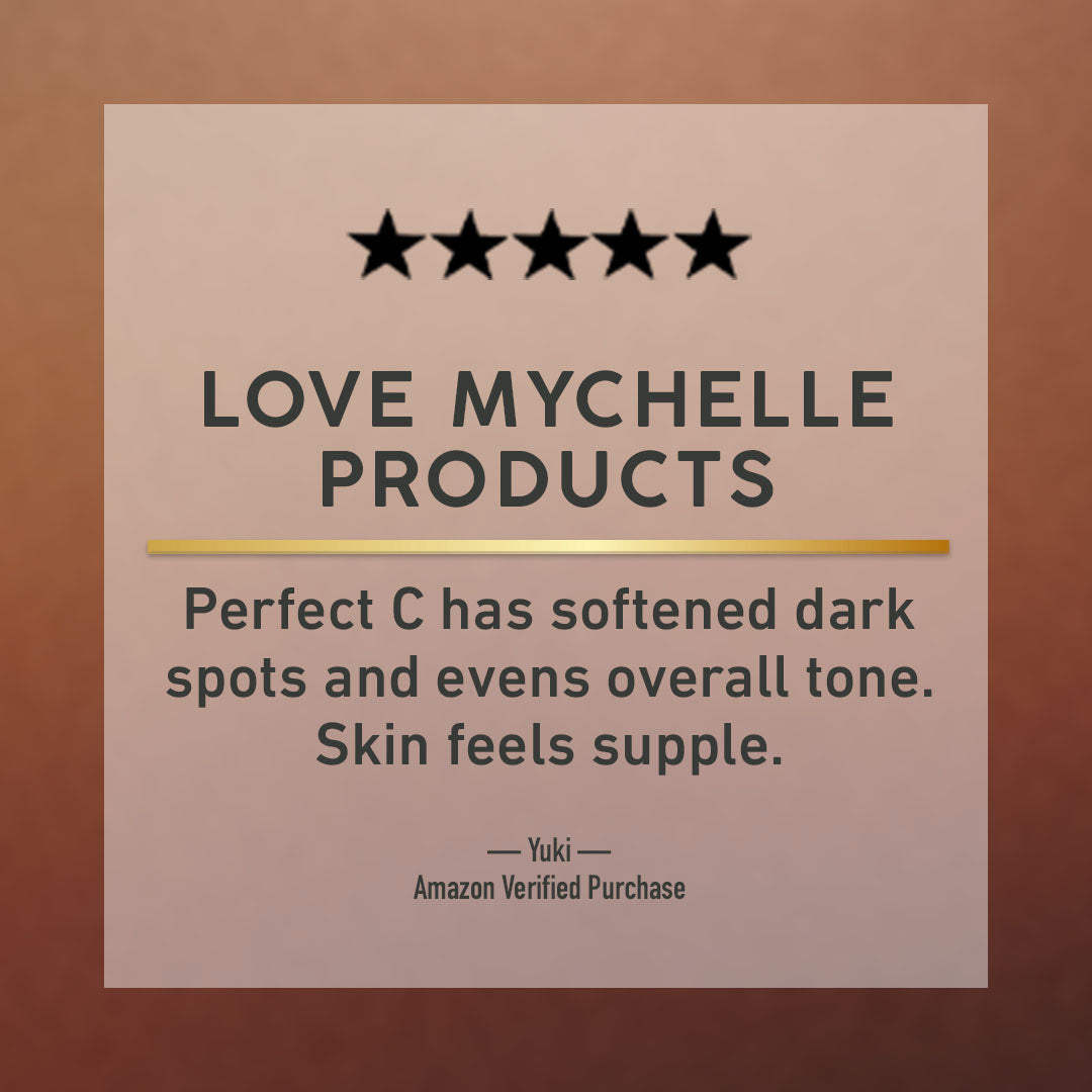 Product review card for Love Mychelle Products with five-star rating and text on a brown background