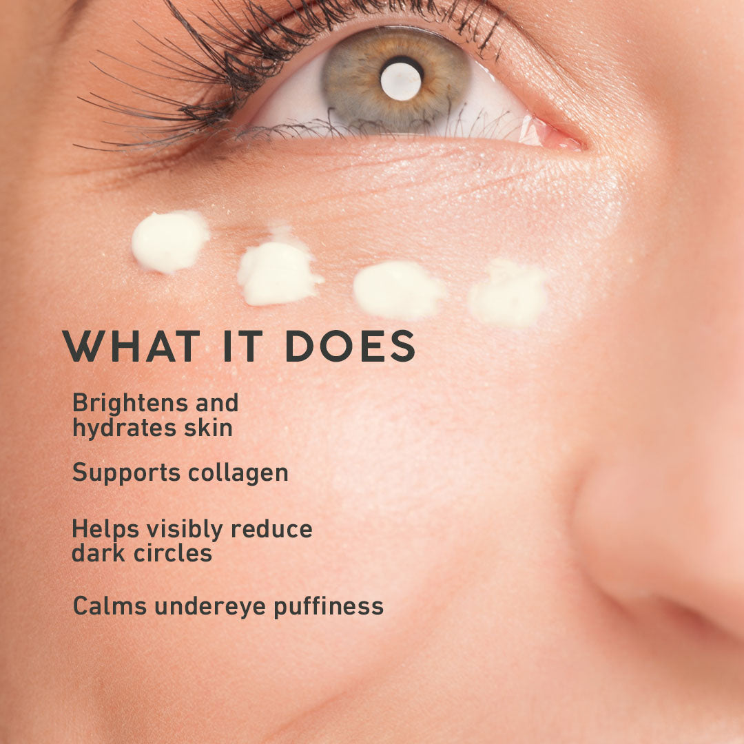 Close-up of under-eye area with text highlighting skincare benefits