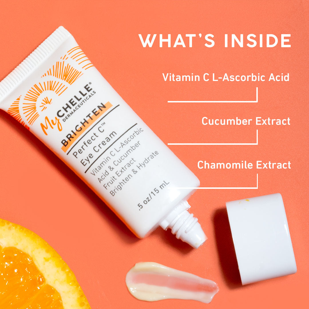 MyChelle Perfect C eye cream product with ingredients listed on an orange background