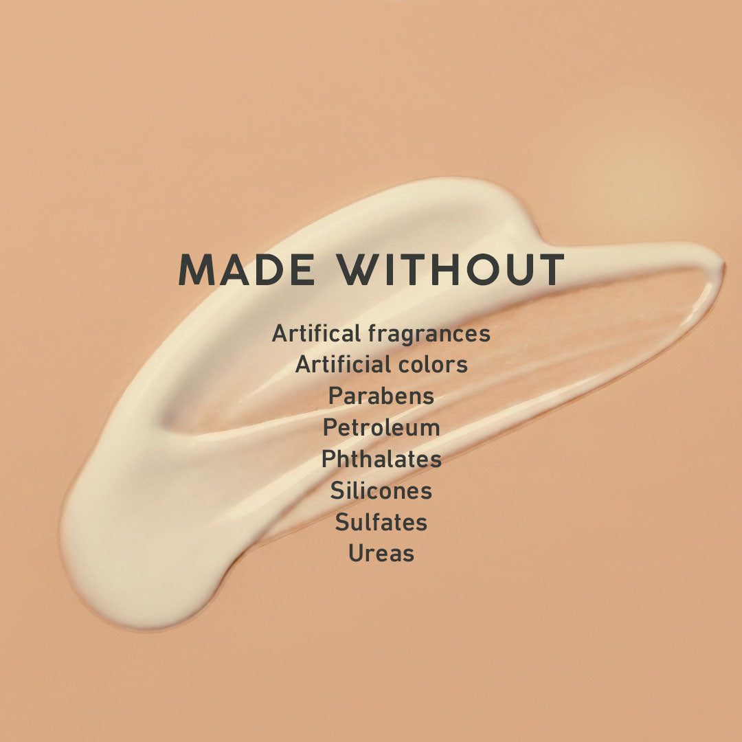 Beige cosmetic product with 'MADE WITHOUT' text on a beige background